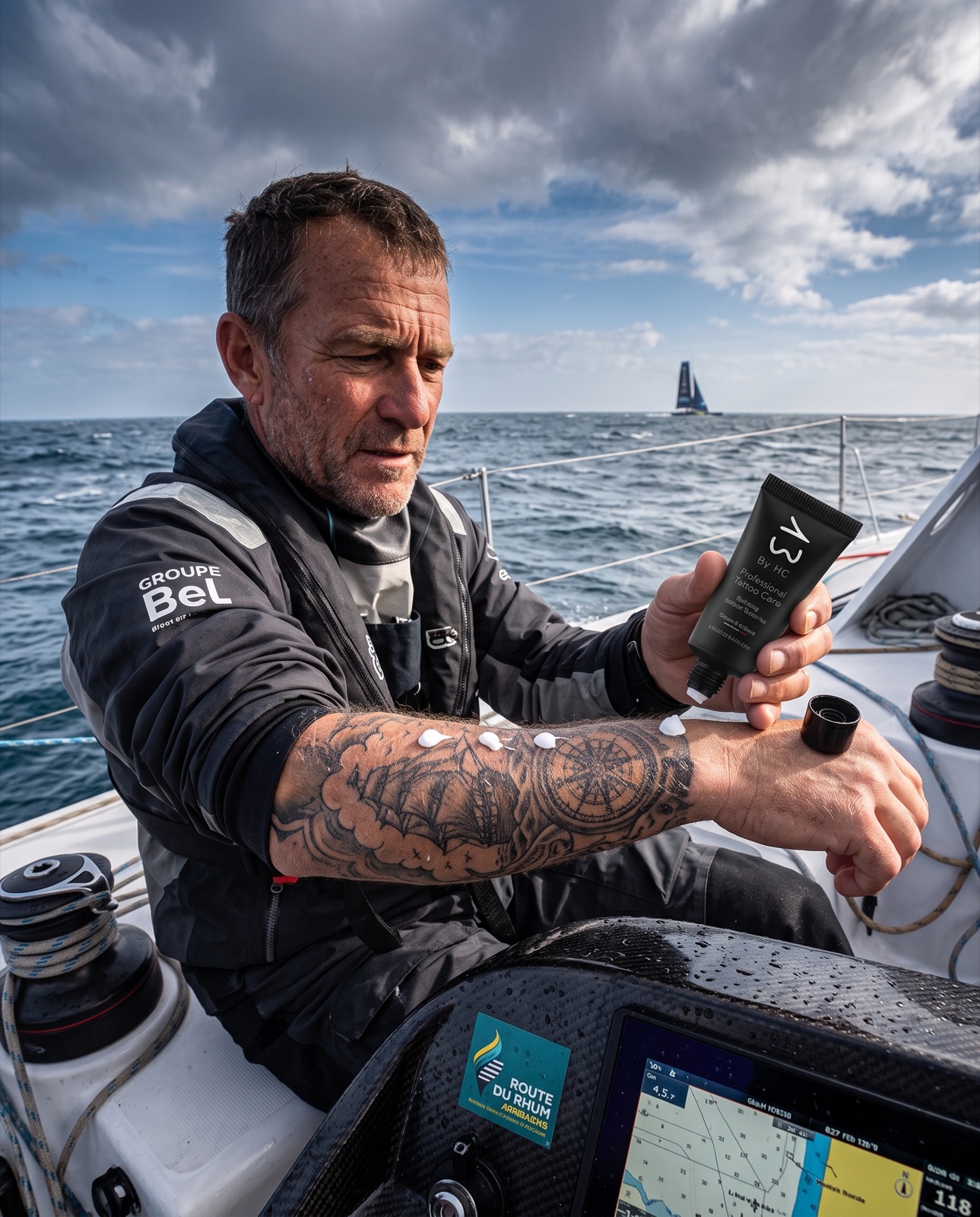 Un skipper applique le soin 13 By HC sur son avant-bras tatoué, en mer, sous le ciel breton