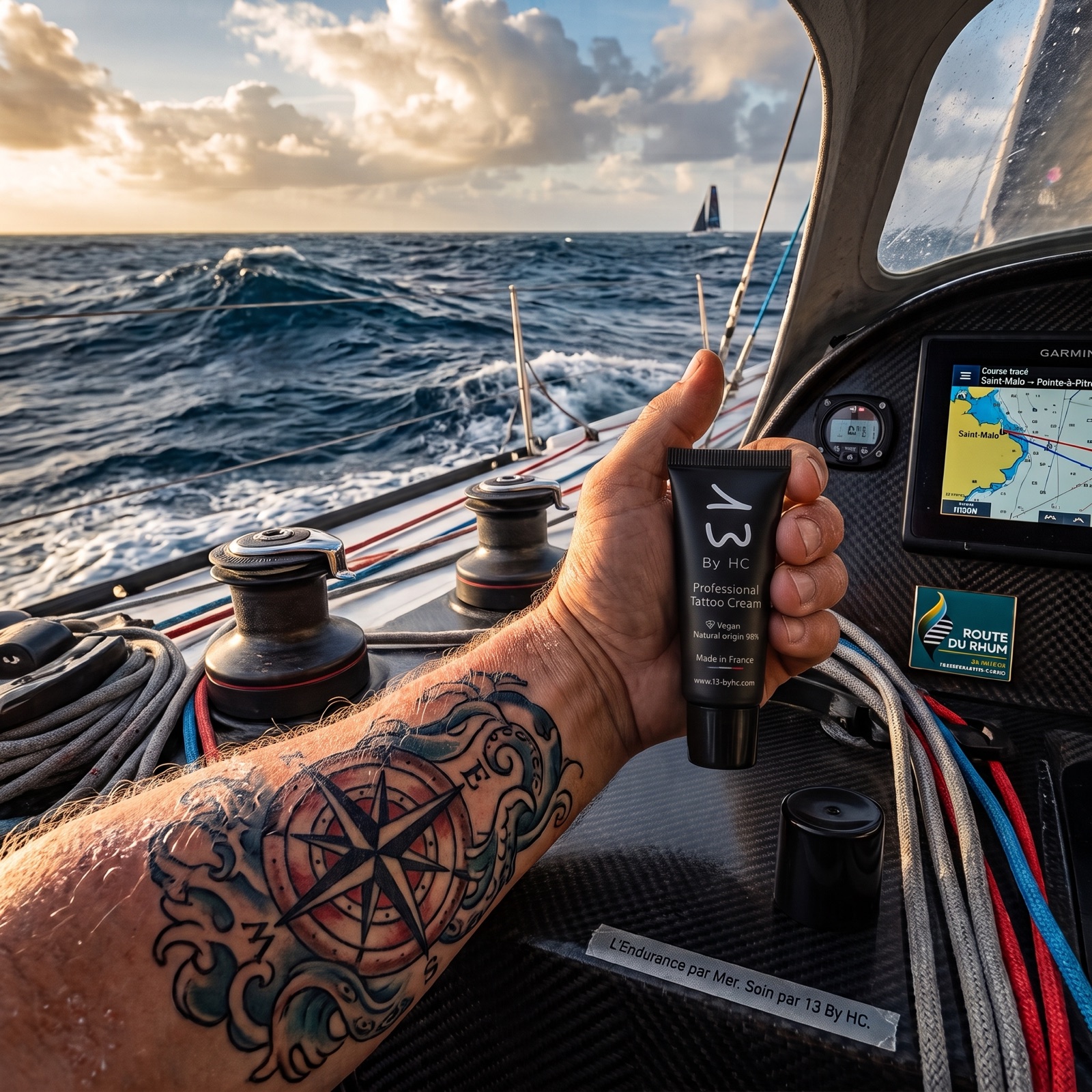 Le tube 10 ml tenu en main dans le cockpit, cap Saint-Malo Pointe-à-Pitre sur l'écran