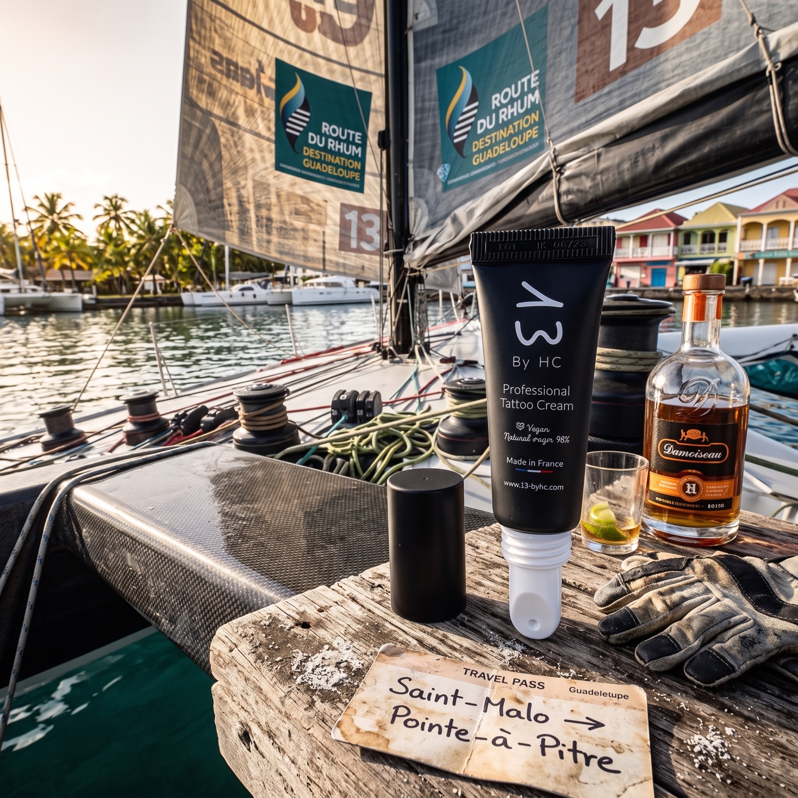 Le tube 10 ml sur le ponton à l'arrivée en Guadeloupe, au soleil couchant