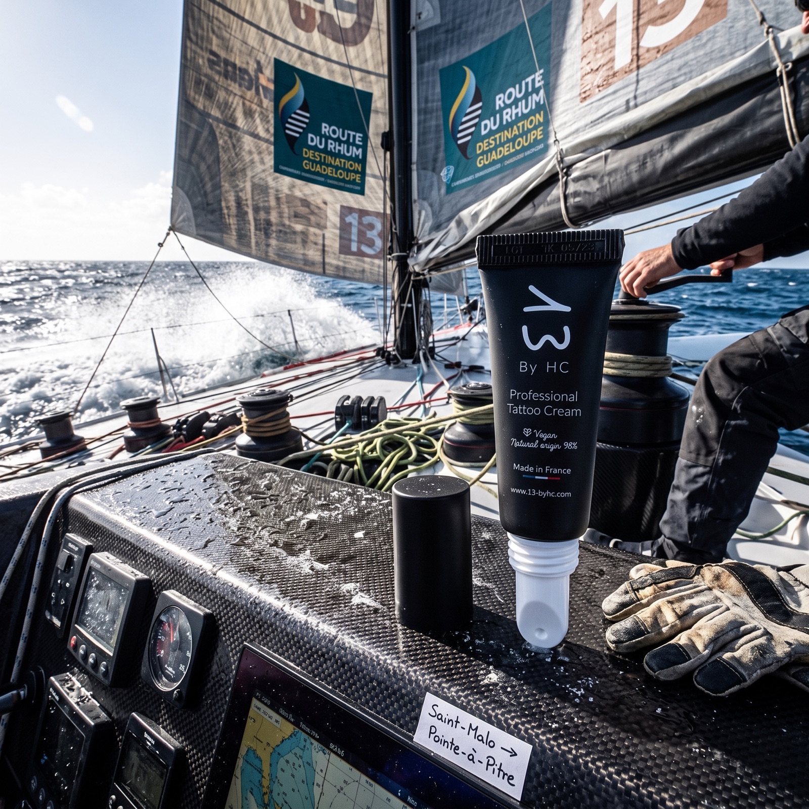 Le tube 10 ml sur le pont carbone, sous les voiles Route du Rhum, Destination Guadeloupe