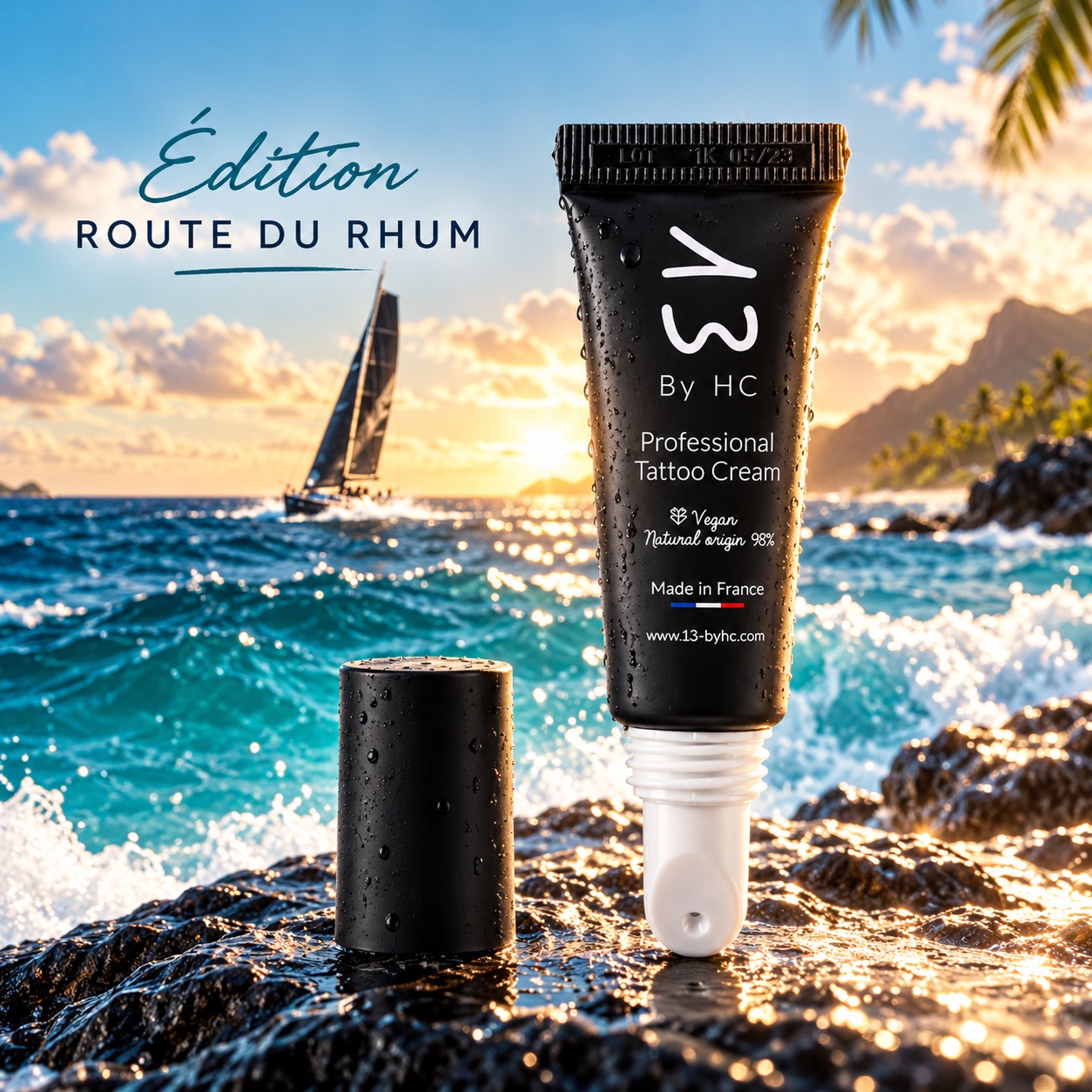Édition Route du Rhum : le tube 10 ml sur les rochers au coucher de soleil, voilier au large