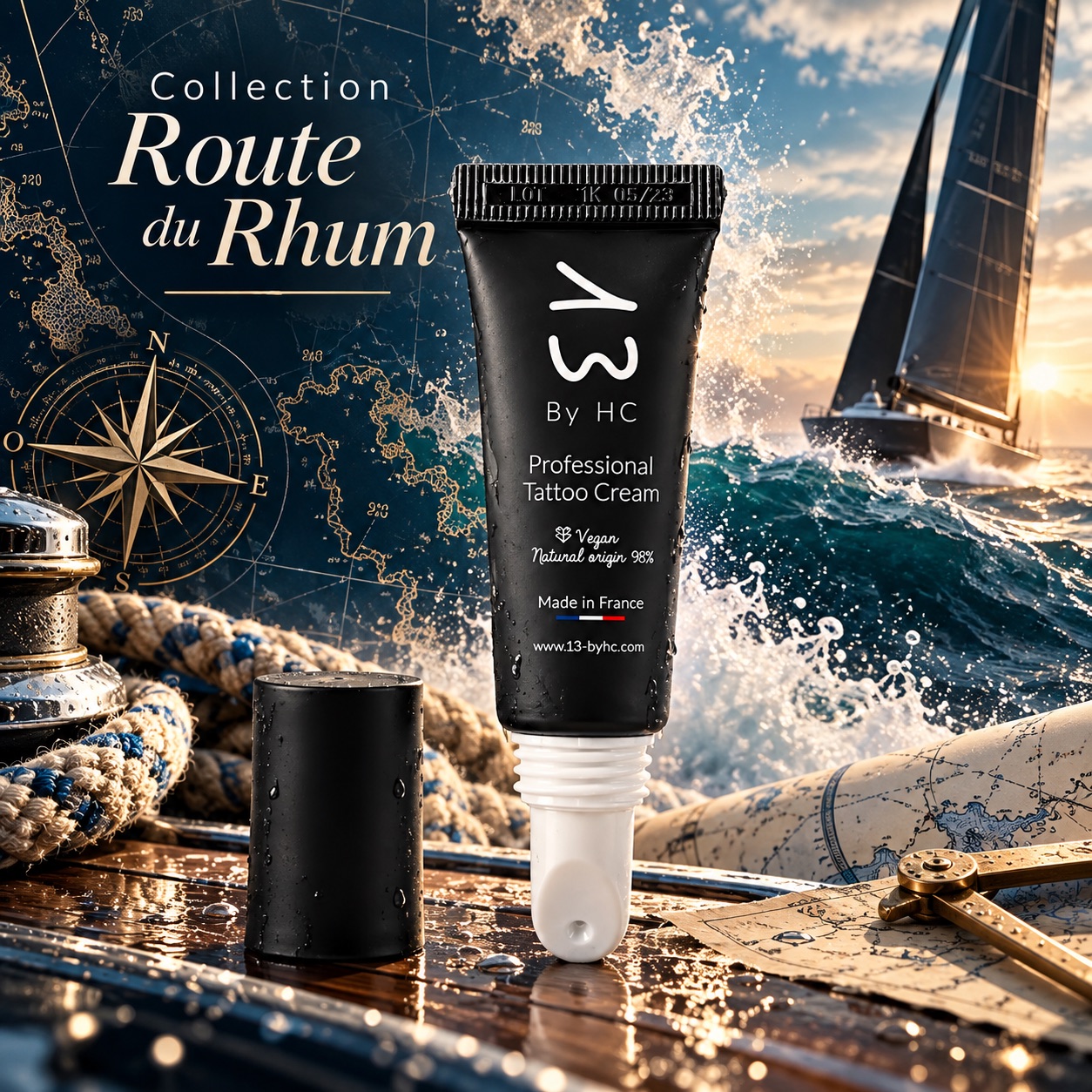Collection Route du Rhum : le tube 10 ml sur le pont, carte marine et compas